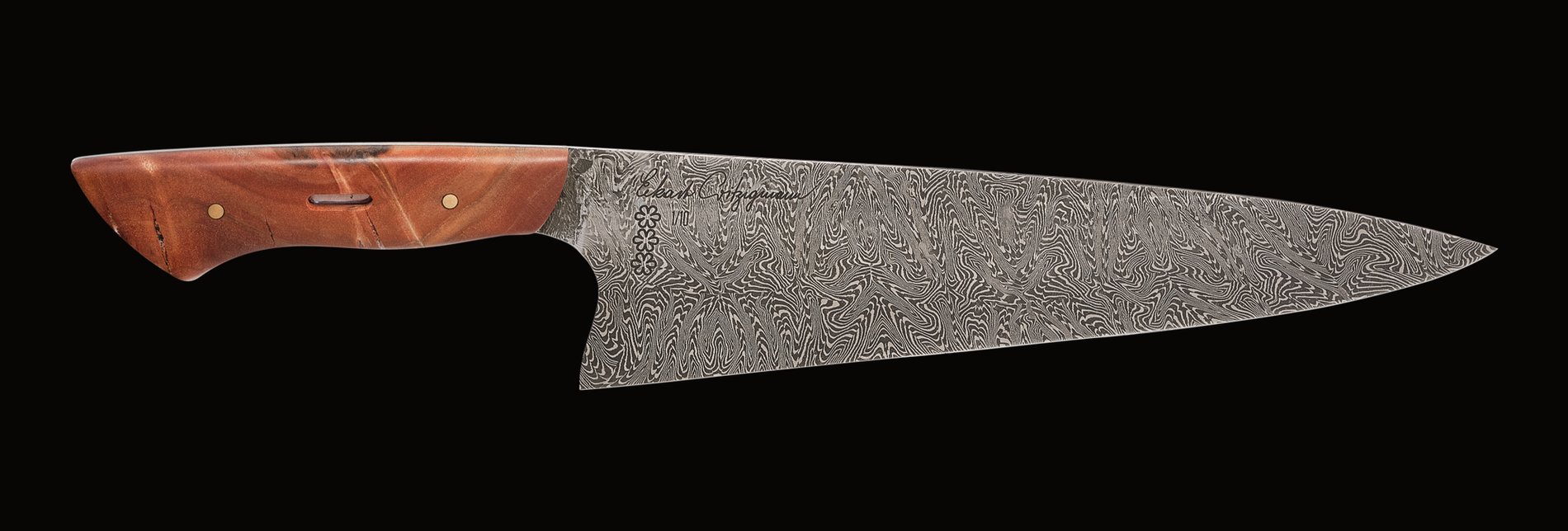 Das Messer der DNA-Edition: Klinge aus Mosaikdamast, Griffschale aus Weidenholz
